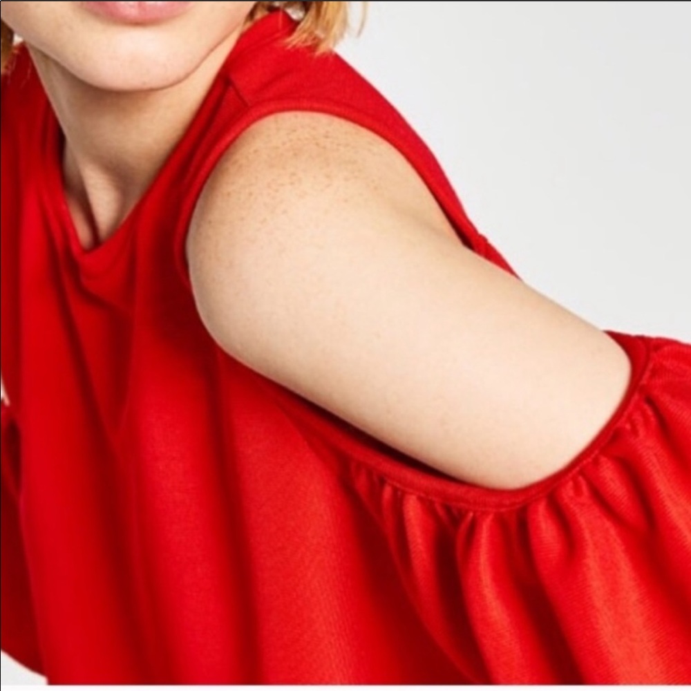 Zara Ruffle Cold Shoulder Dress- Red - Picture 2 of 7